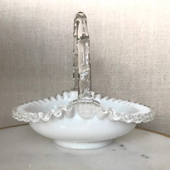 Exquisite Fenton Milk Glass Divided Bowl with Handle & Silvercrest Ruffle Rim - Picture 3 of 13